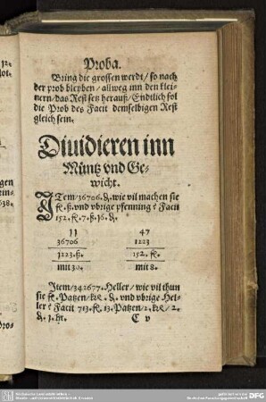 Dividieren inn Müntz und Gewicht.