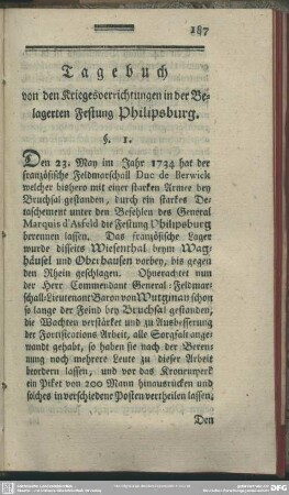 Tagebuch von den Kriegesverrichtungen in der Belagerten Festung Philipsburg