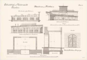 Schlachthof und Viehmarkt, Breslau Maschinen- und Kühlhaus: Schnitt Giebelansichten 1:100 Details Kühlhauseingang: Grundriss Querschnitt Ansicht 1:20