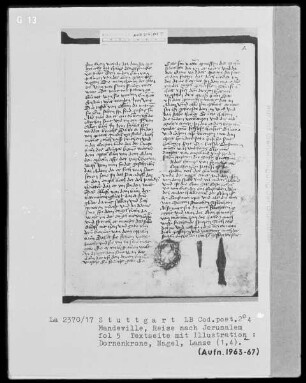 Jean de Mandeville, Reise nach Jerusalem — Dornenkrone, Lanze und Nagel, Folio 5recto