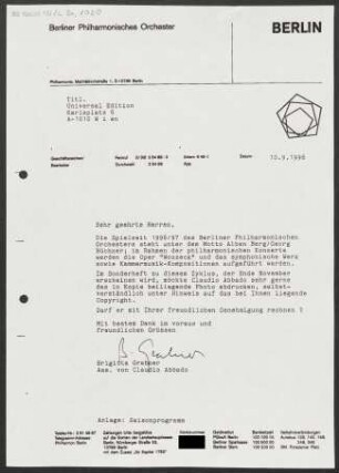 Brief an Universal-Edition, 10.09.1996