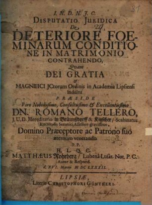 Disp. iur. de deteriore foeminarum conditione in matrimonio contrahendo