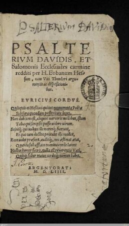 Psalterivm Davidis, Et Salomonis Ecclesiastes carmine redditi