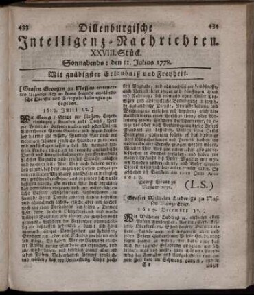 XXVIII. Stück. Sonnabends: den 11. Julius 1778.