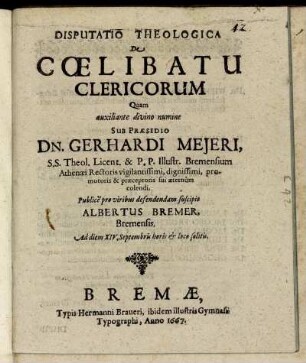 Disputatio Theologica De Coelibatu Clericorum