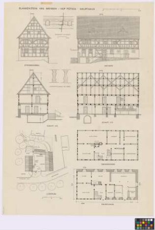 Blankenstein (Kreis Meißen): Hof Pötsch. - Lageplan mit Dung (Aufsicht), Pferdestall (Aufsicht), Scheune (Aufsicht), Haupthaus (Aufsicht), Nachbar (Aufsicht). - Haupthaus (Straßen-Giebel-Ansicht, Hof-Seiten-Ansicht, Querschnitt A-B, Längsschnitt C-D, Grundriss des Obergeschosses, Grundriss des Erdgeschosses). - Schmuckfüllungen am Giebel (Teilansicht mit Schnitt, zwei Profile)