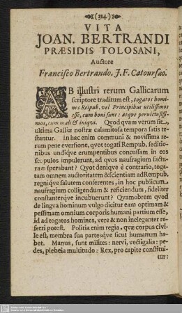 Vita Joan. Bertrandi Praesidis Tolosani, Auctore Francisco Bertrando. J. F. Catoursaeo
