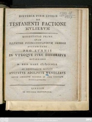 Historia Ivris Civilis De Testamenti Factione Mvliervm Dissertatio Prima