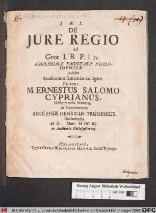 De Iure Regio : ad Grot. I.B.P. l. iv.