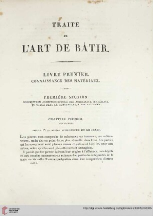 Première section: Description architectonique des principaux matériaux èn usage dans la construction des batimens