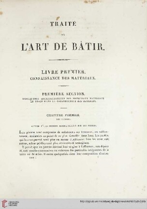 Première section: Description architectonique des principaux matériaux èn usage dans la construction des batimens