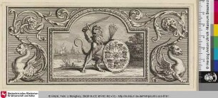 [Löwe mit Schwert, Pfeil und Wappen umgeben von Verzierungen]