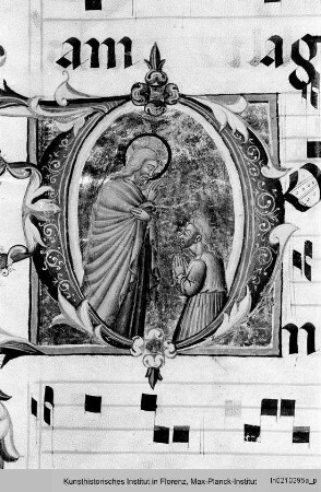 Graduale : Textseite mit vierzeiligen Neumen und historisierter Initiale (D): Christus segnet einen knienden Pilger
