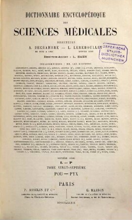 Dictionnaire encyclopédique des sciences médicales, 2,27. Pou - Pyx