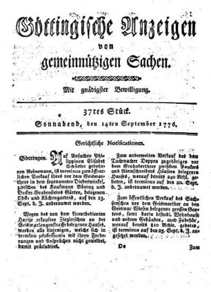 37tes Stück. Sonnabend, den 14ten September 1776.