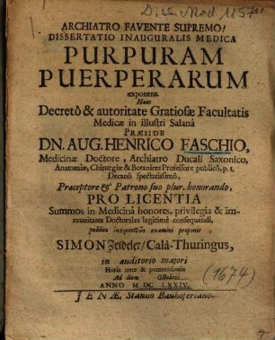 Dissertatio Inauguralis Medica Purpuram Puerperarum exponens