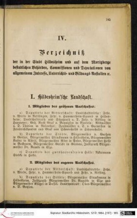 IV. Verzeichniß der in der Stadt Hildesheim und auf dem Moritzberge befindlichen Behörden, Commissionen und Deputationen von allgemeinem Interesse, Unterrichts- und Bildungs-Anstalten etc.