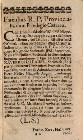 Wunderwerck Gottes In dem Allerheiligsten Meß-Opffer