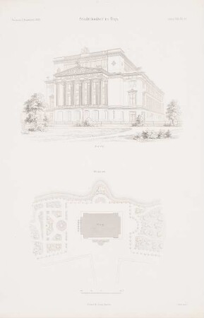 Stadttheater, Riga: Lageplan, Perspektivische Ansicht (aus: Atlas zur Zeitschrift für Bauwesen, hrsg. v. G. Erbkam, Jg. 19, 1869)