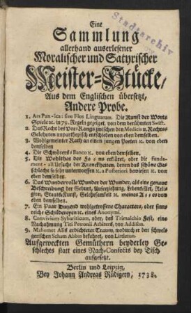 Probe 2: Eine Sammlung allerhand auserlesener Moralischer und Satyrischer Meister-Stücke : Aus dem Englischen übersetzt