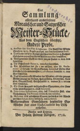 Probe 2: Eine Sammlung allerhand auserlesener Moralischer und Satyrischer Meister-Stücke : Aus dem Englischen übersetzt