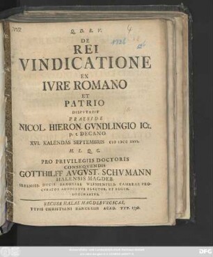 De Rei Vindicatione Ex Ivre Romano Et Patrio