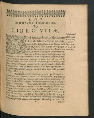 Disputatio Theologica De Libro Vitae. Respondente Balthasare Bendelio
