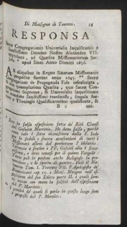 Responsa Sacrae Congregations Universalis Inquisitionis al Sanctissimo Domino Nostro Alexandro VII. approbata, ...