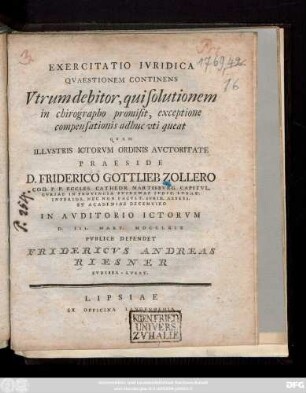 Exercitatio Ivridica Qvaestionem Continens Vtrvm debitor, qui solutionem in chirographo promisit, exceptione compensationis adhuc uti queat
