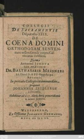 18: De Coena Domini Orthodoxam Sententiam kataskeuastikōs contra Calvinianos exhibens