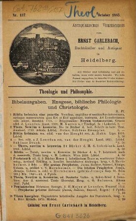 Antiquarisches Bücherverzeichnis. 137. 1885