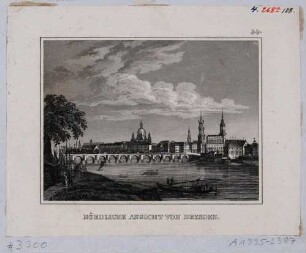 Stadtansicht von Dresden, Blick vom Neustädter Ufer nach Südosten über die Elbe auf die Altstadt und die Augustusbrücke, aus Schiffners Beschreibung von Sachsen um 1840