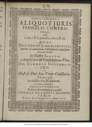 Conclusiones Aliquot Iuris Feudalis Controversi Ad c. und I. F. 8. iunct. c. un. 2. F. II.