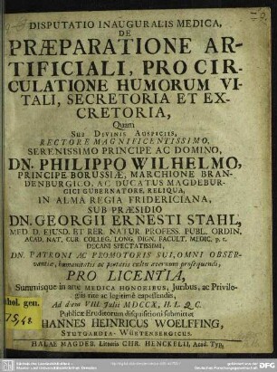 Disputatio Inauguralis Medica, De Praeparatione Artificiali, Pro Circulatione Humorum Vitali, Secretoria Et Excretoria