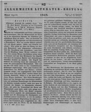 Hinkel, K.: Allgemeine Aesthetik für gebildete Leser. Pforzheim: Flammer & Hoffmann 1847