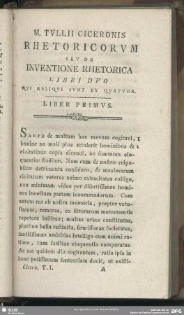 Rhetoricorum Seu De Inventione Rhetorica Libri Duo Qui Reliqui Sunt Ex Quator. Liber Primus