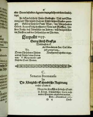 C. Senatus Bremensis An Die Königliche Schwedische Regierung [...]