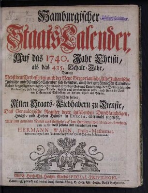 1740: Hamburgischer Staats-Kalender : auf das Jahr