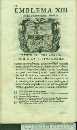 Emblema XIII. Redde illis mercedem. Matth.10. Pretivm Non Vile Laborvm. Dominica Septvagesimæ.