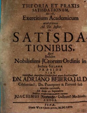 Theoria et praxis satisdationum, hoc est Exercitium academicum analyticum ad tit. Instit. de satisdationibus