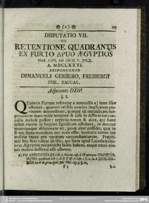 Disputatio VII. De Retentione Quadrantis Ex Furto Apud Aegyptios, Habs. Lips. Ad Diem V. Iulii. A. MDCLXXVI. Respondente Immanueli Gerbero, Freibergi