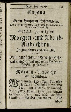 Morgen-Andacht am Sonntage. - Abend-Andacht an der Mittwoche.
