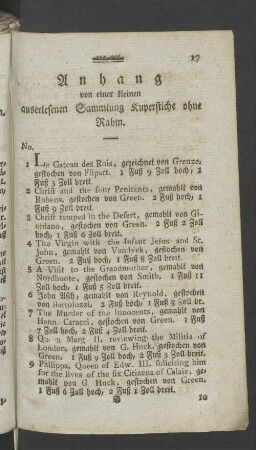 Anhang von einer kleinen auserlesenen Sammlung Kuperstiche ohne Rahm.
