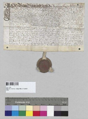 Johann Sigmund Jakob von Preysing, Freiherr auf Altenpreysing etc., belehnt Maria Sophia, Ehefrau des Hofapothekers Johann Baumgartner zu Landshut, mit benannten Zehnten zu Fraunberg, Hagenau, Wolferkofen und Pirgkhoven im Landgericht Teisbach. S: Johann Sigmund Jakob von Preysing, Freiherr auf Altenpreysing etc