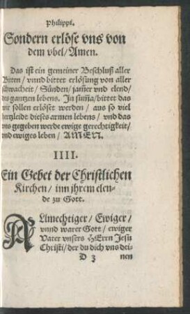 IIII. Ein Gebet der Christlichen Kirchen/ inn ihrem elende zu Gott.