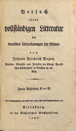 Versuch einer vollständigen Litteratur der deutschen Uebersetzungen der Römer, 2. K - V