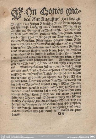 Von Gottes gnaden Wir Augustus Herzog zu Sachsen/...