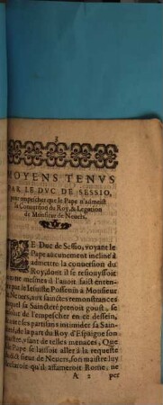 Intimidations Faictes Par Le Duc de Sessio, Ambassadeur du Roy d'Espaigne, pour destourner le Pape de la bonne volonté qu'il auoit de receuoir Henry IIII. de ce nom, Roy de France & de Nauarre, au giron de l'Eglise