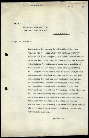 E. Buschor an DAI Zentrale