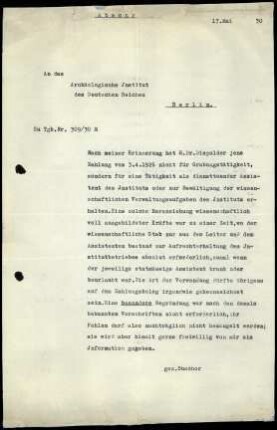 E. Buschor an DAI Zentrale